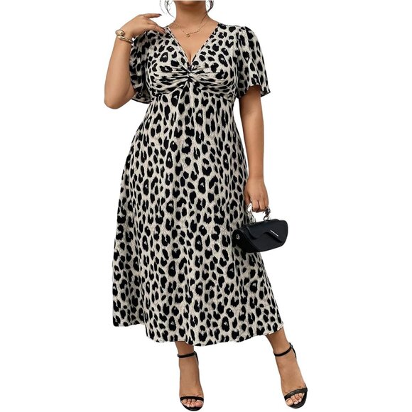 Women's Plus Size Leopard Print Midi Dress V Neck Short Sleeve A Line - Picture 1 of 5